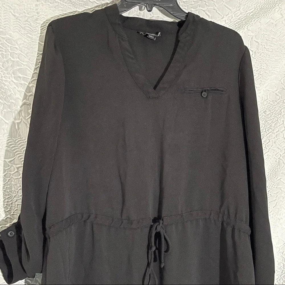 AGB Long Sleeve V Neck Drawstring High Low Black Dress - Picture 5 of 7